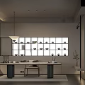 Modern Teahouse Interior Design With Tea Sets Display Shelves Wooden Tables And Hanging Lights
