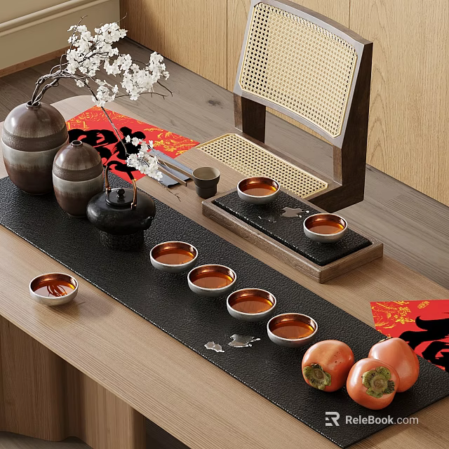 Traditional Chinese Tea Set with Teacups Teapot and Red Fortune Decorations on Wooden Tabletop 3d model 