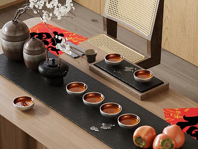 Traditional Chinese Tea Set with Teacups Teapot and Red Fortune Decorations on Wooden Tabletop 3d model