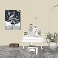 Elegant White Piano And Astronaut Painting With Vase Flowers Arched Wall Hanging Lamp Rug