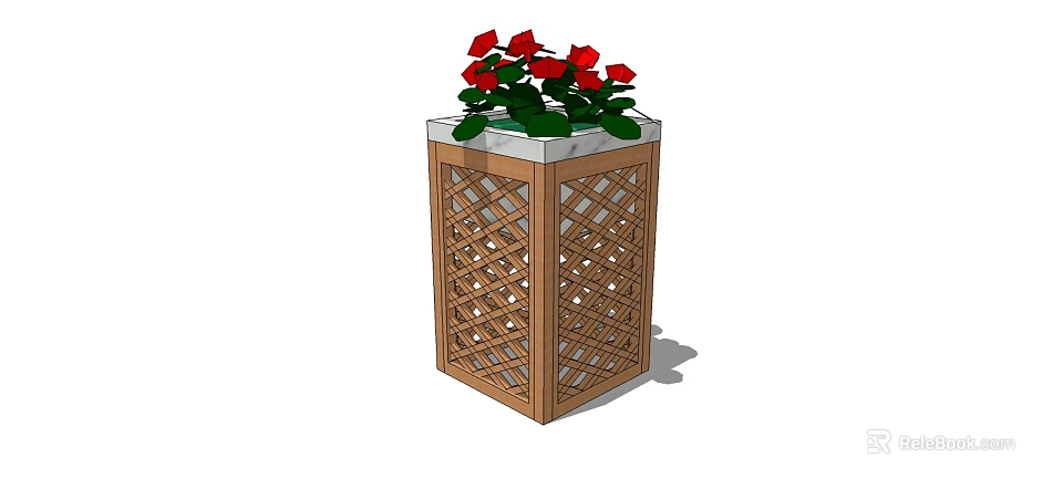 Wooden Lattice Design Planter With White Top And Red Flowers Potted Plant 3d model 