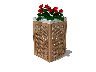 Wooden Lattice Design Planter With White Top And Red Flowers Potted Plant 3d model