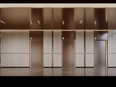 Sleek Elevator Lobby Interior With Metallic Doors Wooden Panel Walls And Recessed Lighting 3d model