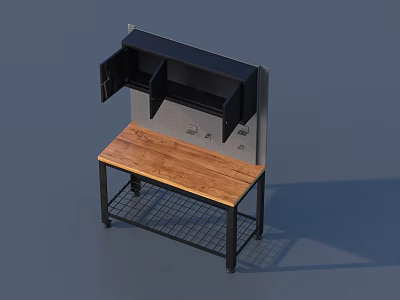 Wooden Countertop Workstation With Metal Frame And Black Upper Storage Cabinets 3d model