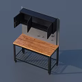 Wooden Countertop Workstation With Metal Frame And Black Upper Storage Cabinets