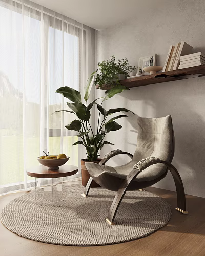 Accent Chair Living Room Interior With Potted Plant Side Table Fruit Bowl Bright Window Light 3d model