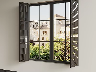 Modern Dark Window Shutters Installed On Window With Exterior Building View And Green Plants 3d model