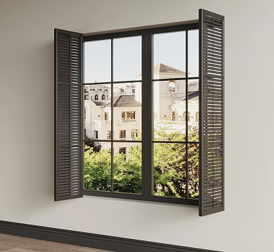 Modern Dark Window Shutters Installed On Window With Exterior Building View And Green Plants 3d model