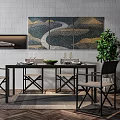 Minimalist Dining Table Set With Black Frame Four Chairs Wall Art And Tableware