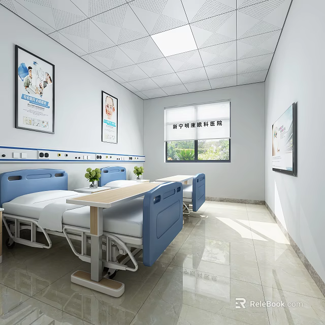Hospital Outpatient Clinic Interior With Blue Medical Beds White Walls Window Posters And Small Plants 3d model 