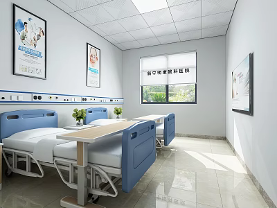 Hospital Outpatient Clinic Interior With Blue Medical Beds White Walls Window Posters And Small Plants 3d model