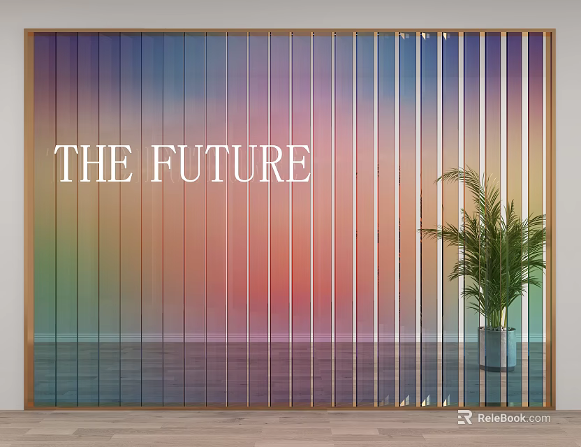 Modern Colorful Gradient Glass Partition With Vertical Stripes And Indoor Plant 3d model 