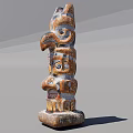 Traditional Wooden Totem Pole Sculpture With Animal Head And Layered Carved Patterns