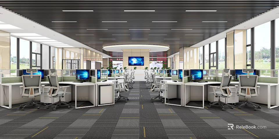 Modern Public Office Space Interior With Open Layout Workstations Computers And Large Screen 3d model