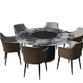Modern Round Marble Top Dining Table Set With Six Light Brown Chairs And Black Legs