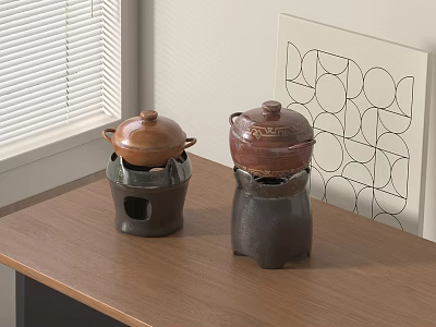 Ceramic Cookware with Lids on Wooden Kitchen Table Near Window Blinds and Geometric Wall Art 3d model