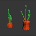 Two Green and Brown Branch Cactus in Orange Woven Pots on White Background