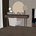 Modern Wooden Dressing Table With Round Mirror Table Lamp And Glass Vase Chair