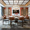 Traditional Chinese Private Dining Room Interior With Round Table Chandelier And Wooden Bookshelves