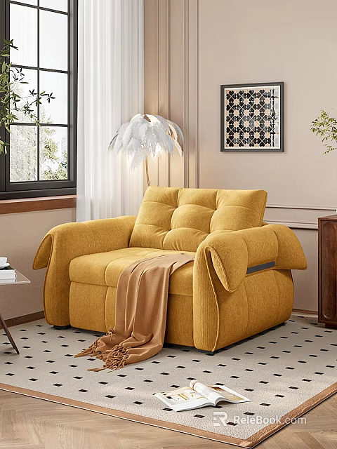 Yellow Single Sofa With Cozy Blanket And White Feather Floor Lamp In Warm Living Room 3d model 