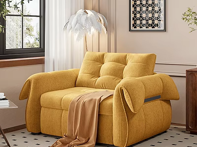 Yellow Single Sofa With Cozy Blanket And White Feather Floor Lamp In Warm Living Room 3d model