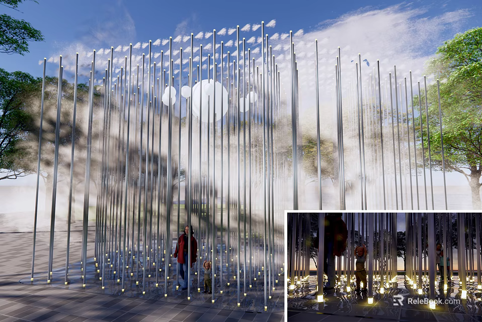 Garden Sculpture With Tall Silver Metal Poles Ground Lighting Mist Trees Sky And Visitor Interaction 3d model 