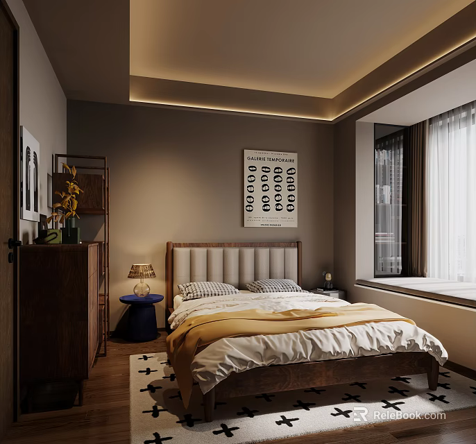Modern Bedroom Interior Design With Upholstered Headboard Table Lamp Abstract Artwork And Patterned Rug 3d model 