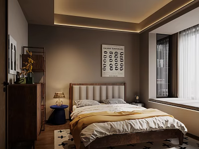 Modern Bedroom Interior Design With Upholstered Headboard Table Lamp Abstract Artwork And Patterned Rug 3d model