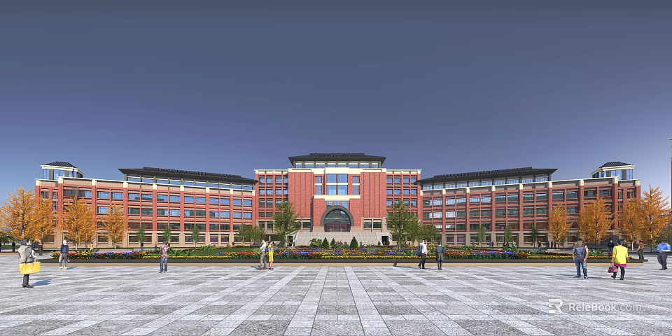 Modern School Building With Red Brick Exterior Symmetrical Design Arched Entrance Greenery And Plaza Area 3d model 