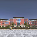 Modern School Building With Red Brick Exterior Symmetrical Design Arched Entrance Greenery And Plaza Area