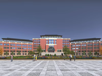 Modern School Building With Red Brick Exterior Symmetrical Design Arched Entrance Greenery And Plaza Area 3d model