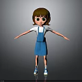 3D Child Character With Brown Hair Green Eyes Blue Overalls Dress And White Shirt