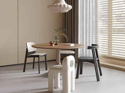 Modern Interior Round Wooden Table And Chair Set With Plant Window Blinds And Pendant Light 3d model