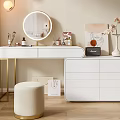 Elegant White Dressing Table with Round Mirror Golden Pendant Lights Makeup Products and Beige Wall