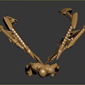 Golden Humanoid Sculpture With Multiple Mechanical Arms And Decorative Weapons