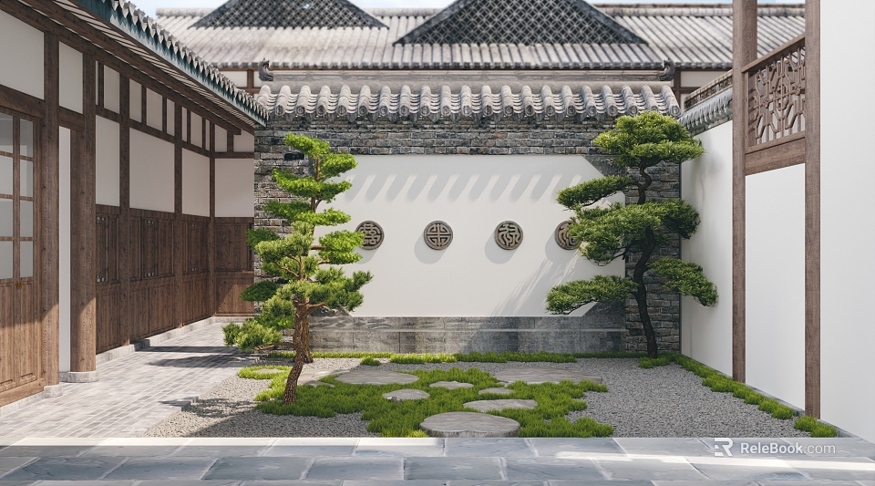 Traditional Chinese Courtyard Garden With Tiled Roof White Walls Round Windows And Pine Trees 3d model 