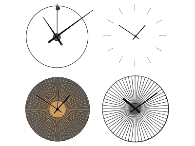 Modern Wall Decor Featuring Four Stylish Round Clocks With Unique Patterns And Designs 3d model