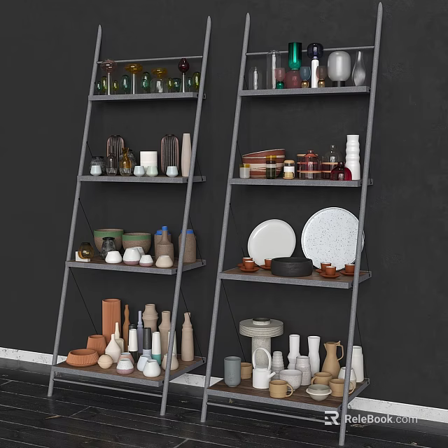 Two Grey Ladder Shelves Displaying Various Colored Shaped Ceramic Vessels On Dark Wall 3d model 