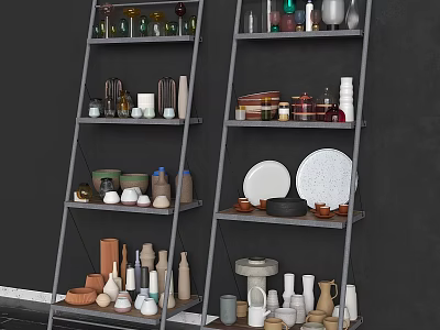 Two Grey Ladder Shelves Displaying Various Colored Shaped Ceramic Vessels On Dark Wall 3d model