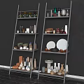 Two Grey Ladder Shelves Displaying Various Colored Shaped Ceramic Vessels On Dark Wall