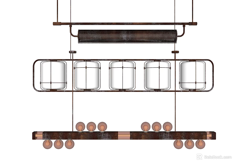 Modern Metal Chandelier with Rectangular Frame and Multiple Glass Enclosed Light Fixtures 3d model 