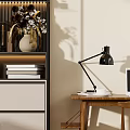 Modern Home Office Wooden Desk With Bookcase Decorative Items And Table Lamp