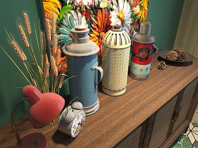 Vintage Daily Electrical Appliances Display With Thermos Flasks Table Lamp Alarm Clock On Wooden Cabinet 3d model