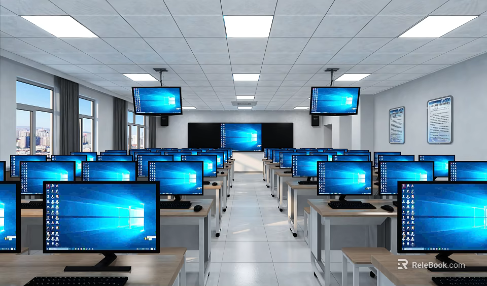 School Computer Classroom Spacious With Multiple Computers Blue Screens Front Hanging Displays And Windows 3d model 