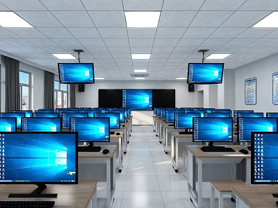 School Computer Classroom Spacious With Multiple Computers Blue Screens Front Hanging Displays And Windows 3d model