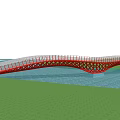 Red Arch Bridge Over Water With Greenery Trees And People Walking