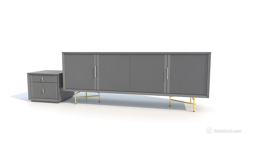 Modern Gray Entryway Cabinet And Side Cabinet With Golden Legs Slatted Doors And Drawers 3d model 