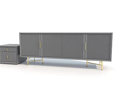 Modern Gray Entryway Cabinet And Side Cabinet With Golden Legs Slatted Doors And Drawers 3d model