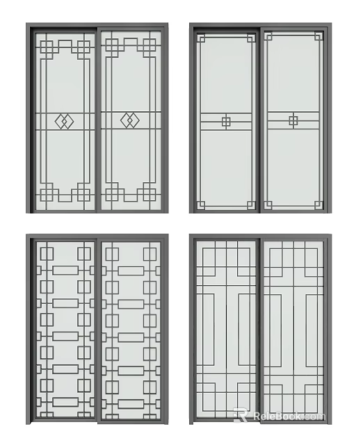 Stylish Sliding Doors Featuring Different Geometric Grille Patterns And Decorative Lines 3d model