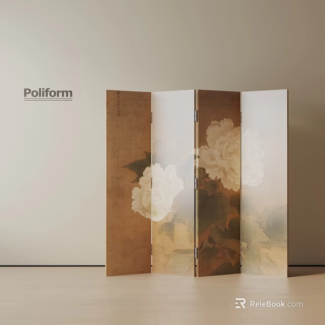 Poliform Folding Screen with Peony Pattern Brown Wooden Frame and Translucent Panels for Modern Interior 3d model